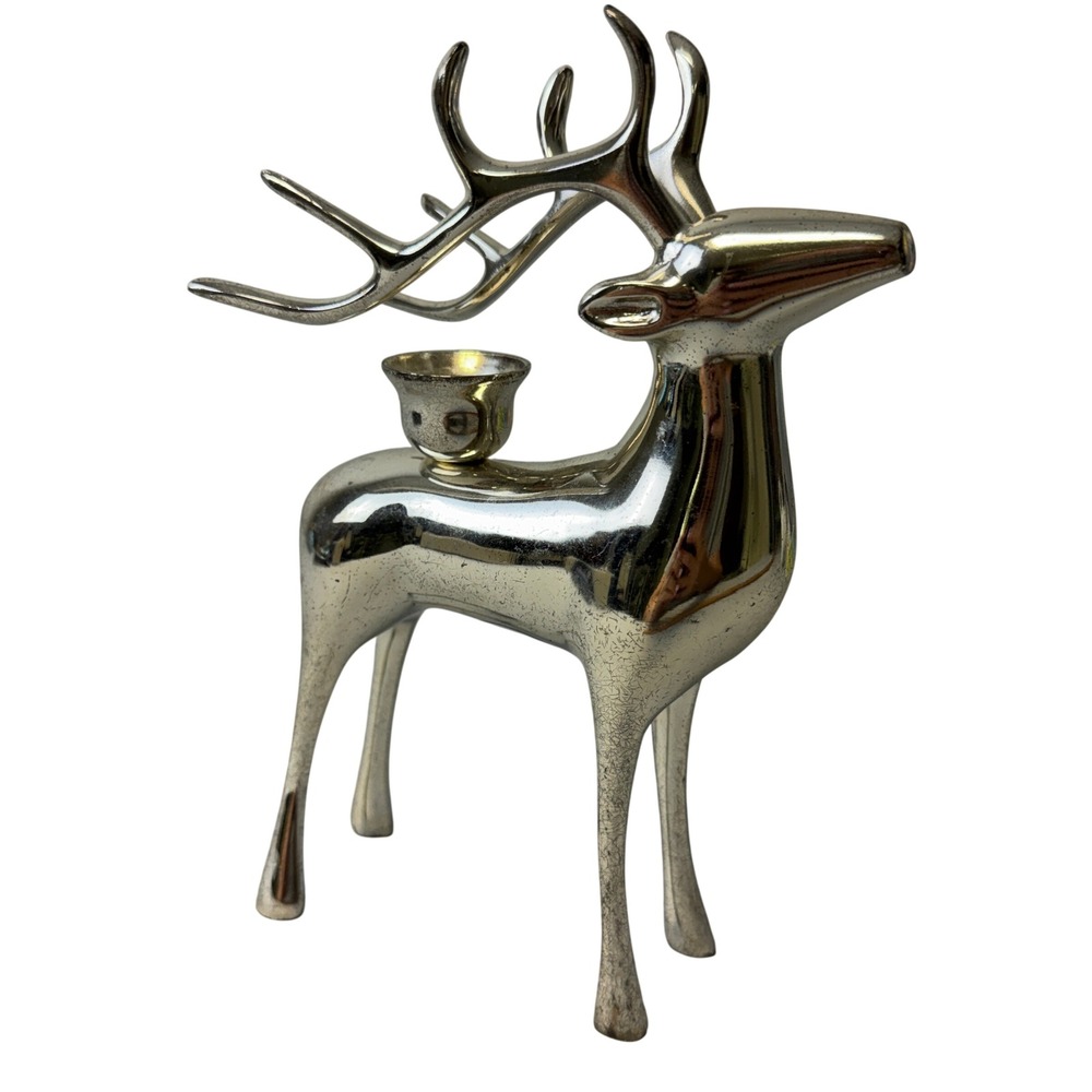 Vintage Pottery Barn Reindeer Taper Candleholder Silver Finish Holiday Decor